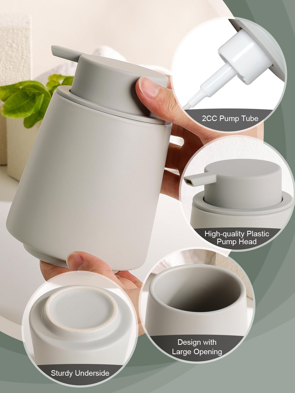 INGOFIN Ceramic Foaming Soap Dispenser -14 oz Foam Hand Soap Dispenser Bathroom, Modern Refillable Dish Wash Bottle for Kitchen with Large Pump, Matte Grey