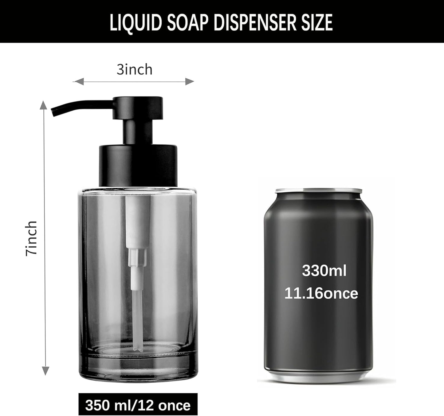 Enra Thick Glass Soap Dispenser with Stainless Steel Pump, 12oz Black Bathroom & Kitchen Hand Liquid Soap Dispenser