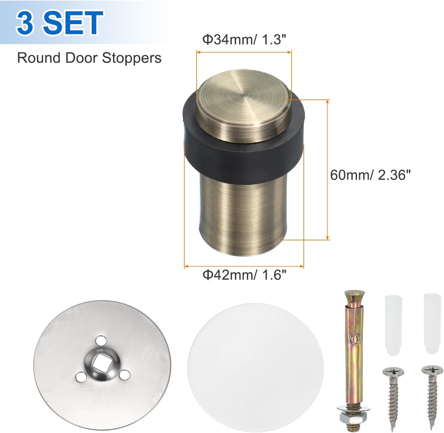 PATIKIL 3Set Round Door Stoppers, 60mm Stainless Steel Door Stop Doorstop Wedge Metal Cylinder Self Adhesive with Screw for Bottom of Door Floor Inside, Bronze