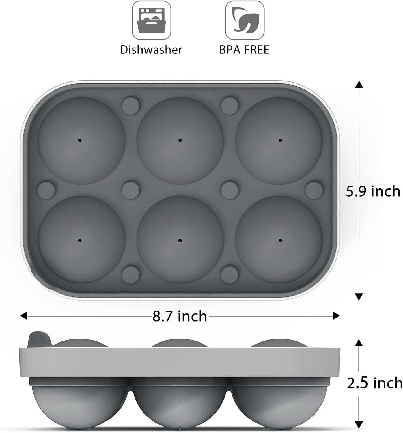 2.5inch Spherical Ice Ball Tray For Whiskey, Big Ice Freezer Mold for Cocktails，Easy Fill In & Release Ice Cube Mold, Durable &Reusable Spherical Ice Maker (Steel Grey)