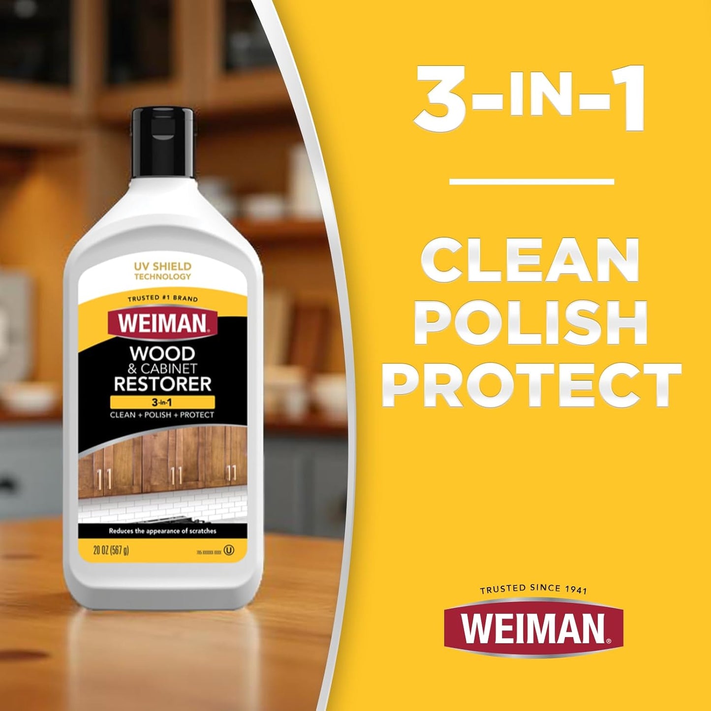 Weiman Wood and Cabinet Restorer 3-In-1 Bundle - Removes Dirt, Residue, Dust, Reduces Scratches, Restore Shine, Prevent Fading, UV Shield Technology, Safe for Antique Wood, Tables, Chairs, Cabinets