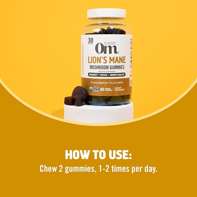 OM Mushroom Superfood Lion's Mane Gummies, 60 Count, 30 Servings, USA Grown Organic Mushrooms, Organic Nootropic Gummies for Memory, Focus and Mood
