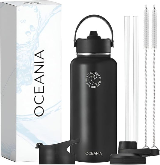 Oceania Flask 32oz Stainless Steel Water Bottles | Modern, Leakproof, Hydro BPA-Free, Insulated Water Bottle with 3 Lids, 3 Straws & 2 Straw Cleaning Brushes | Simple Camping & Hiking Water Bottles