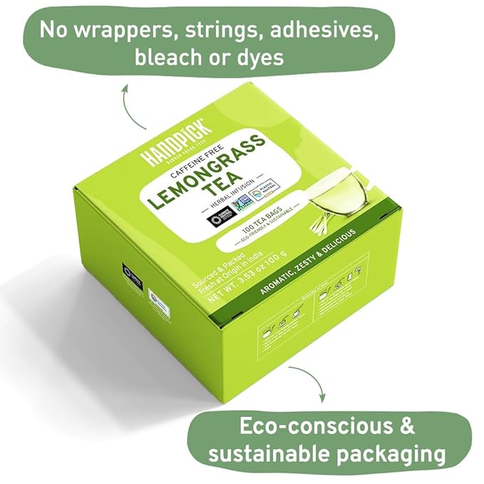 HANDPICK, Lemongrass Tea Bags (100 Count) Non-GMO, Caffeine Free - Quality Lemongrass Herbal Tea- Eco-conscious Round Tea Bags | Brew Hot or Iced Tea