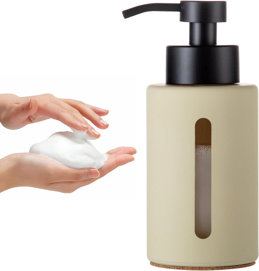 Enra Thick Glass Foaming Soap Dispenser with Clear Window,12oz Bathroom Soap Dispenser with Stainless Steel Pump, Modern Boho Refillable Pump Bottle for Bathroom Kitchen (Beige/Foam Type)