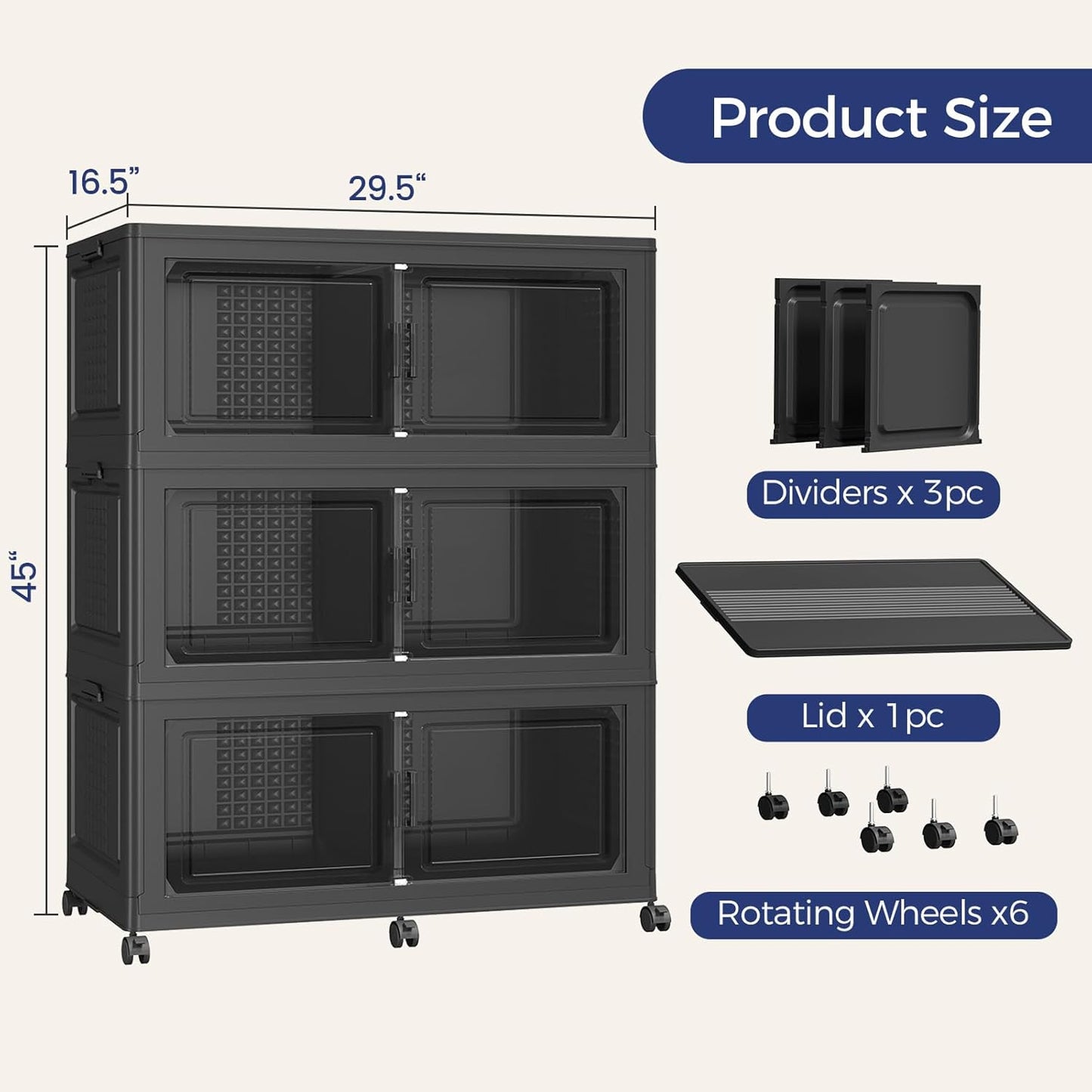 120GAL Storage Bins with Lid and Wheels, Stackable Closet Organizers and Storage Drawer, Collapsible Storage Box with Dividers, Foldable Plastic Cabinets Cubes Totes for Garage, 3 Pack Black