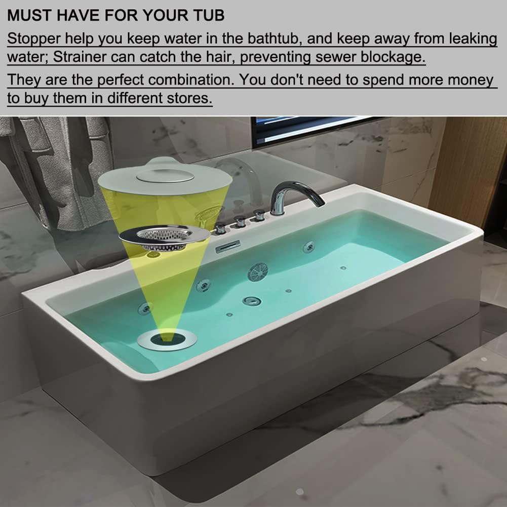 2PCS Bathtub Stopper Hair Catcher Kit, Bathtub Drain Strainer, Tub Stopper Plug Cover, Sink Filter, Silicone Drain Stopper for Bathroom, Laundry (Grey)