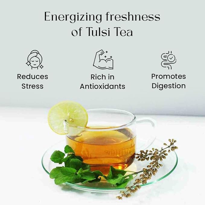 Tulsi Holy Basil Tea Bags 50 Count For Cognitive Balance & Overall Health Ayurvedic Tulsi With Antioxidants Caffeine Free Holy Basil Leaves Pyramid Herbal Tea Bags Support Digestion & Boost Immunity