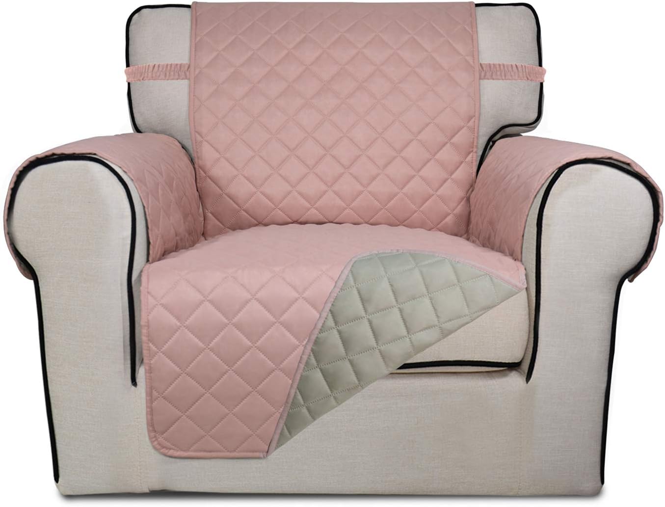 PureFit Reversible Quilted Sofa Cover, Water Resistant Slipcover Furniture Protector, Washable Couch Cover with Non Slip Foam and Elastic Straps for Kids, Dogs, Pets (Small, Pink/Beige)