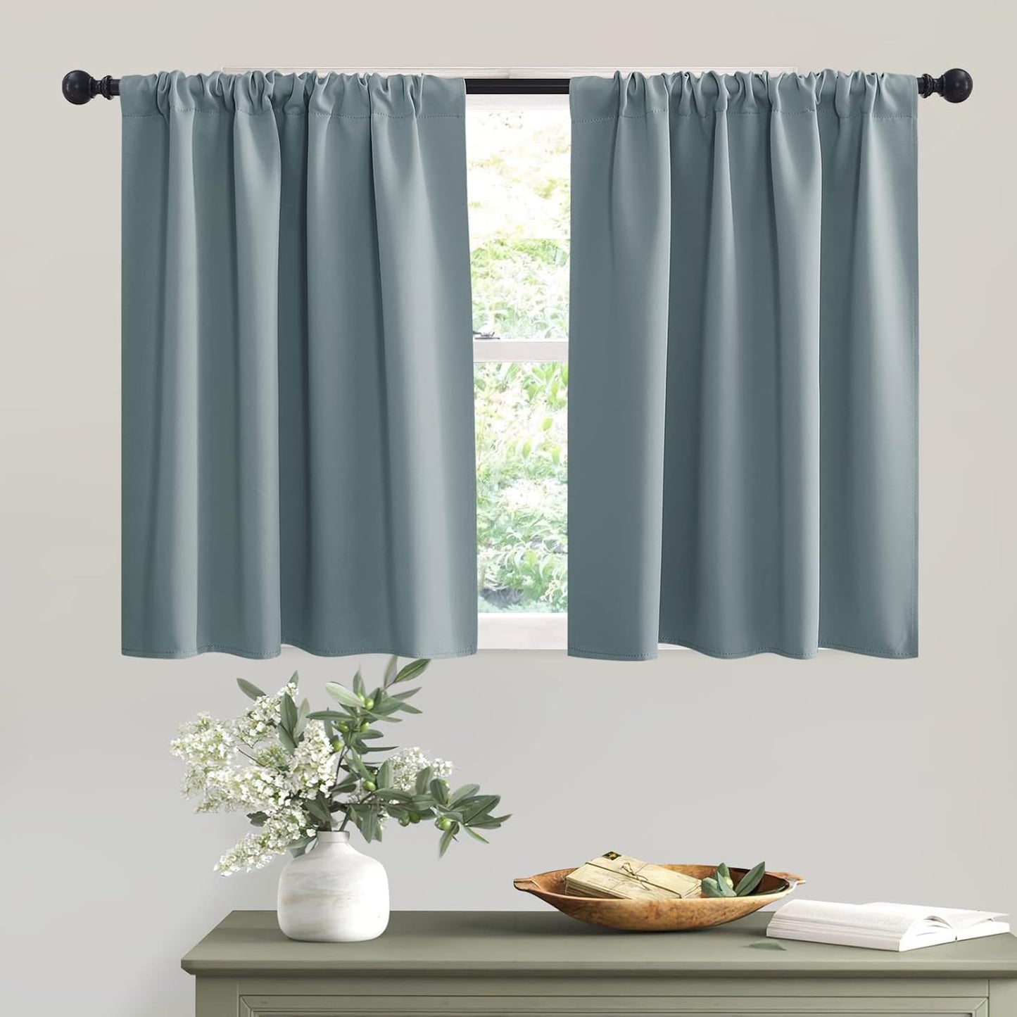 RYB HOME RV Curtains for Camper Windows - Soft Thermal Insulated Small Window Curtain Tiers for Cafe Kitchen Bedroom Basement Glass Door Window, W 42 x L 30 inches, Dusty Blue, 2 Panels