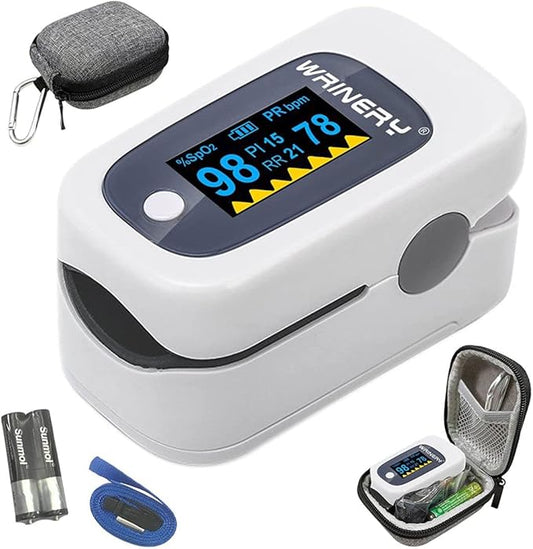 WRINERY Oxygen Saturation Monitor, Pulse Oximeter Fingertip, Oxygen Monitor, O2 Saturation Monitor, OLED Portable Oximetry with Batteries, Lanyard (Royal Black-Silver)