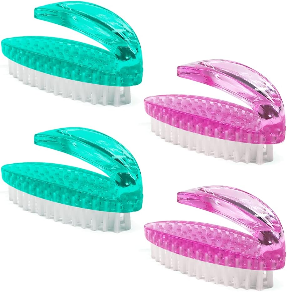 Handle Grip Nail Brush for Cleaning Fingernails Hands & Under Nails, Stiff Bristle Mechanic Scrub Brush Cleaner for Men Women, Pedicure Scrubbing Tool Kit (2 Pink + 2 Green)