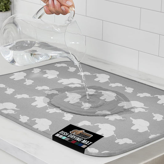 GORILLA GRIP Ultra Water Absorbent Microfiber Dish Drying Mat, 18x24, Quick Dry Thick Mesh, Slip Resistant Pad for Sink Dishes or Under Rack, Kitchen Counter Accessories, Machine Wash Mats, Elephants