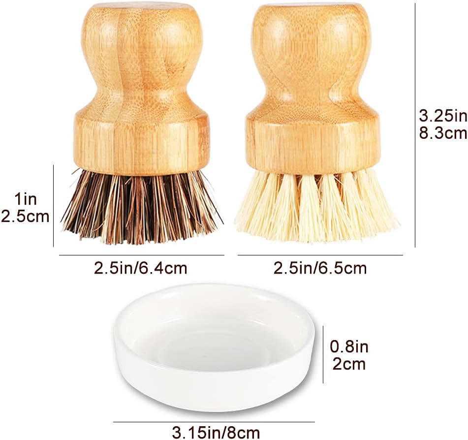 Bamboo Brush Dish Scrubber Clean Pan and Vegetable, Natural Bristles Palm Pot Brush 2 Pack Round Mini Dish Brush with 2 Ceramic Dish for Kitchen Sink Cleaning