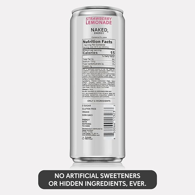 Naked Sparkling Energy Drink - Strawberry Lemonade, Organic Caffeine, Organic Lemon Juice, Zero Sugar, No Sucralose, Naturally Sweetened, Natural Energy Drinks, Vegan, Gluten-Free, Non-GMO - 12oz Cans (Pack of 12)