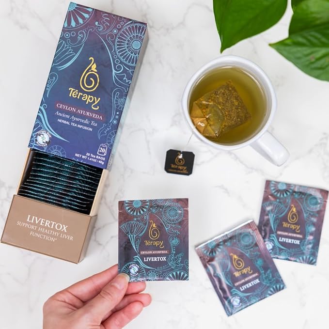 Térapy Ceylon LIVERTOX Organic Herbal Tea Bags | Helps with Liver Kidney Cleanse Detox & Repair | 100% Natural Ayurvedic Ingredients including Turmeric, Aloe Vera and Lemongrass | 20 Individually Wrapped Tea Bags