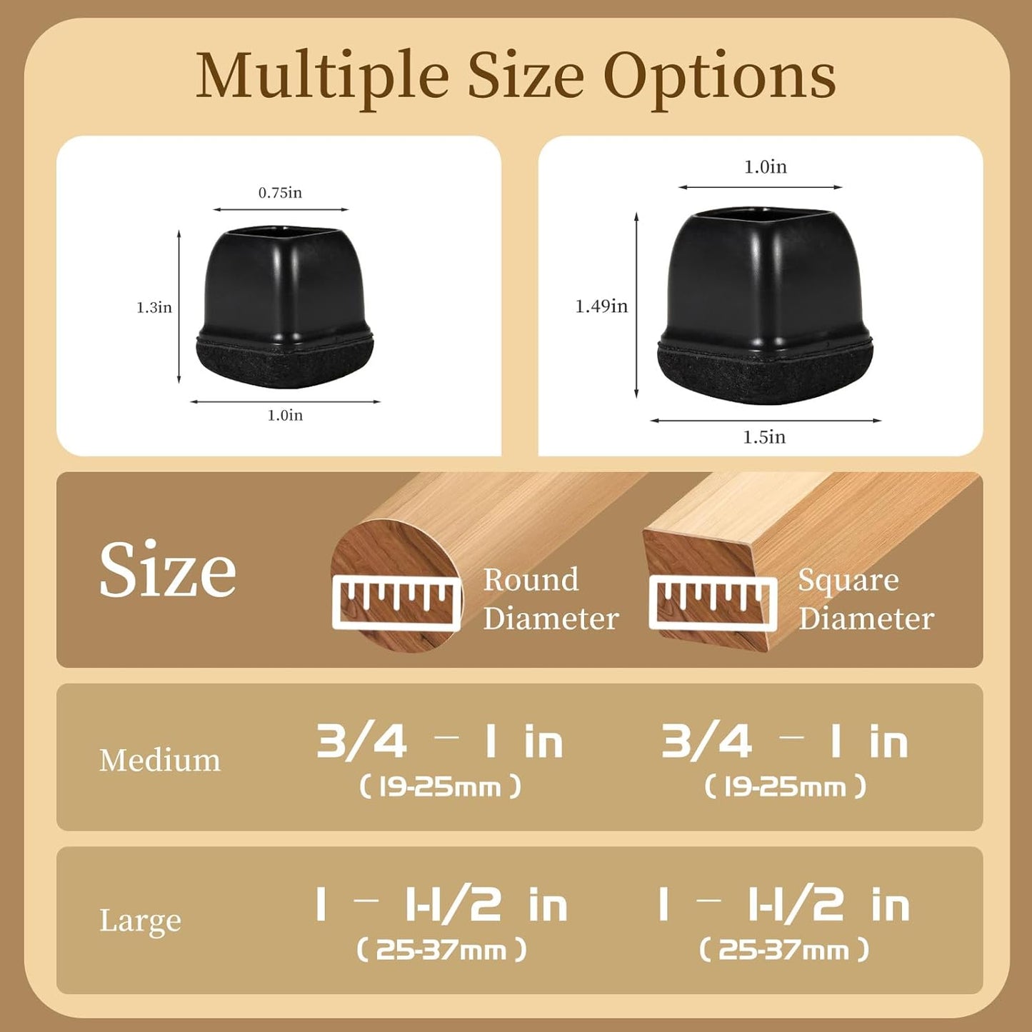 Square Chair Leg Floor Protectors Medium 24Pcs,Silicone Chair Leg Protectors for Hardwood Floors/Tiles,Black 360°Wrapped Felt Bottom to Prevent Scratch and Reduce Noise