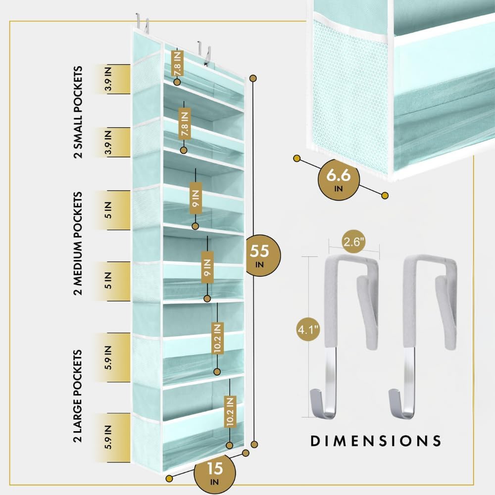 HOMELUX THEORY 1 PC Heavy Duty Over the Door Organizer 55x14x6.7, 6 Large Front & 12 Side Pockets, Hanging Storage Closet Door Organizer for Bedroom, Bathroom and Baby Nursery Storage (Baby Blue)