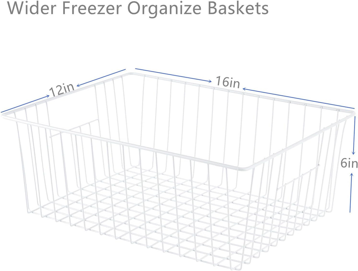 16" L x 12" W Wider Freezer Storage Organizer Baskets Container, Deep Metal Wire Chest Upright Refrigerator Divider with Built-in Handles for Cabinet, Pantry, Closet, Kitchen