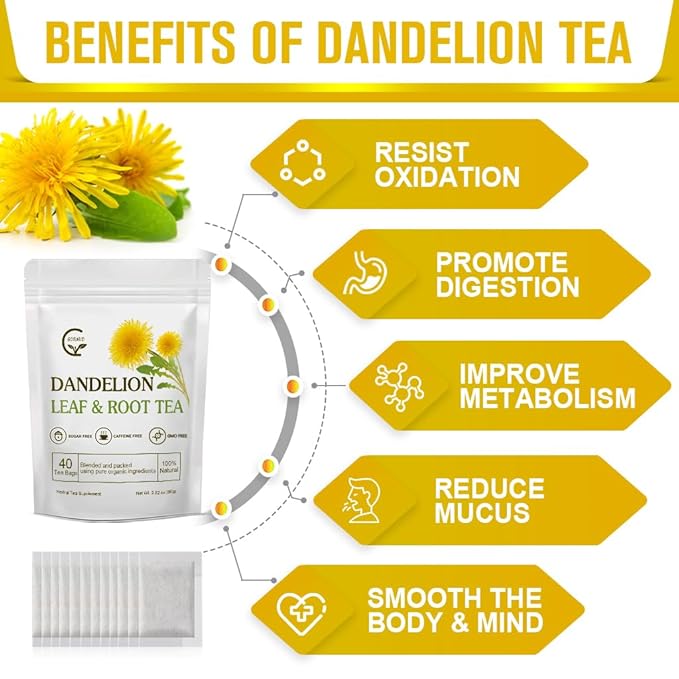 Organic Dandelion Leaf & Root Tea, Supports Kidney Function and Healthy Digestion, Caffeine Free, 40 Tea Bags