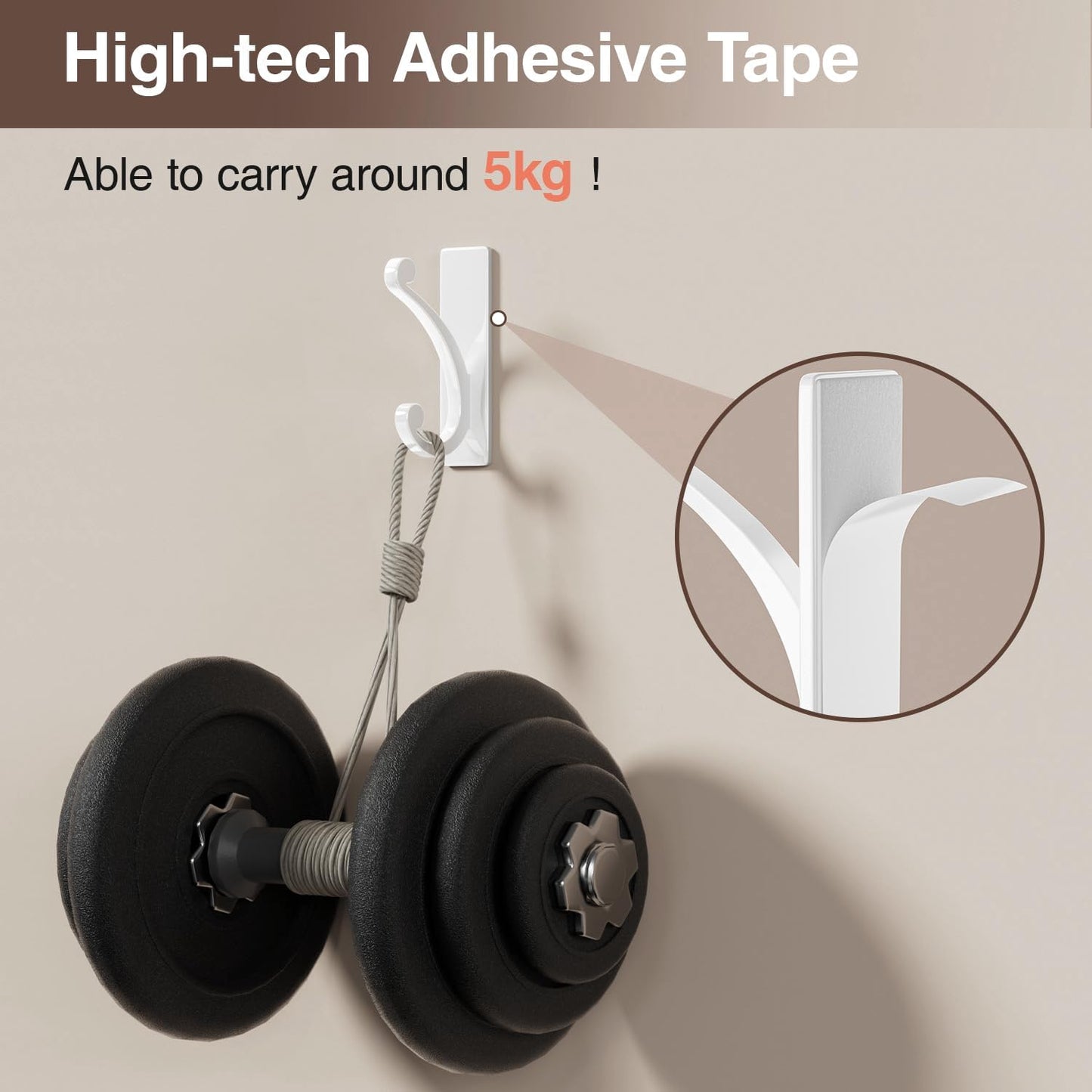 Adhesive Wall Hook for Towel/Coat - Extra Sticky 10LB Stainless, Stick on Hanger for Bath or Shower, White 8-Pack