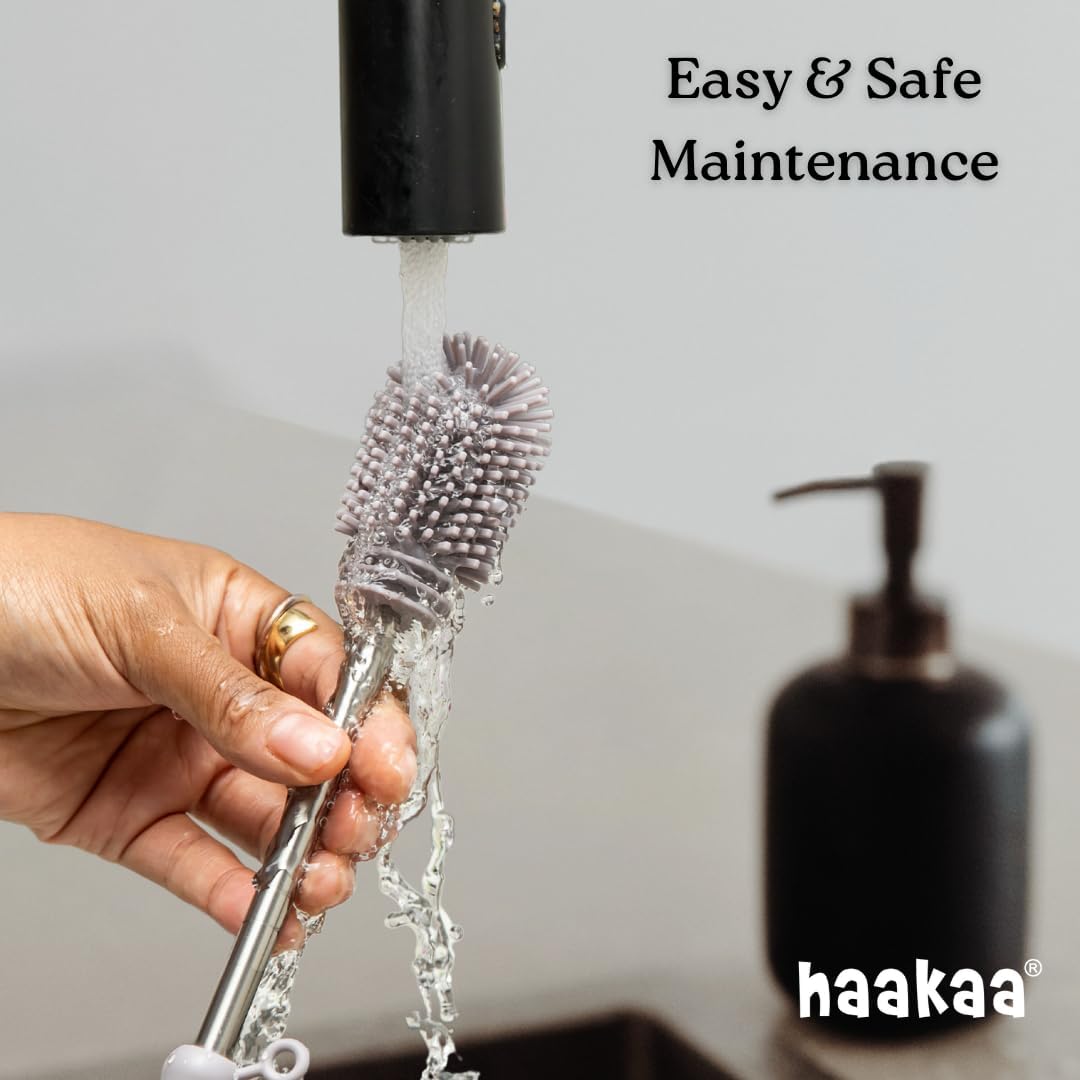 Haakaa Silicone Cleaning Brush Kit – Household Cleaning Brushes for Bottles and Crevices – Food-Grade Silicone: Dishwasher Safe (Kit-Grey)