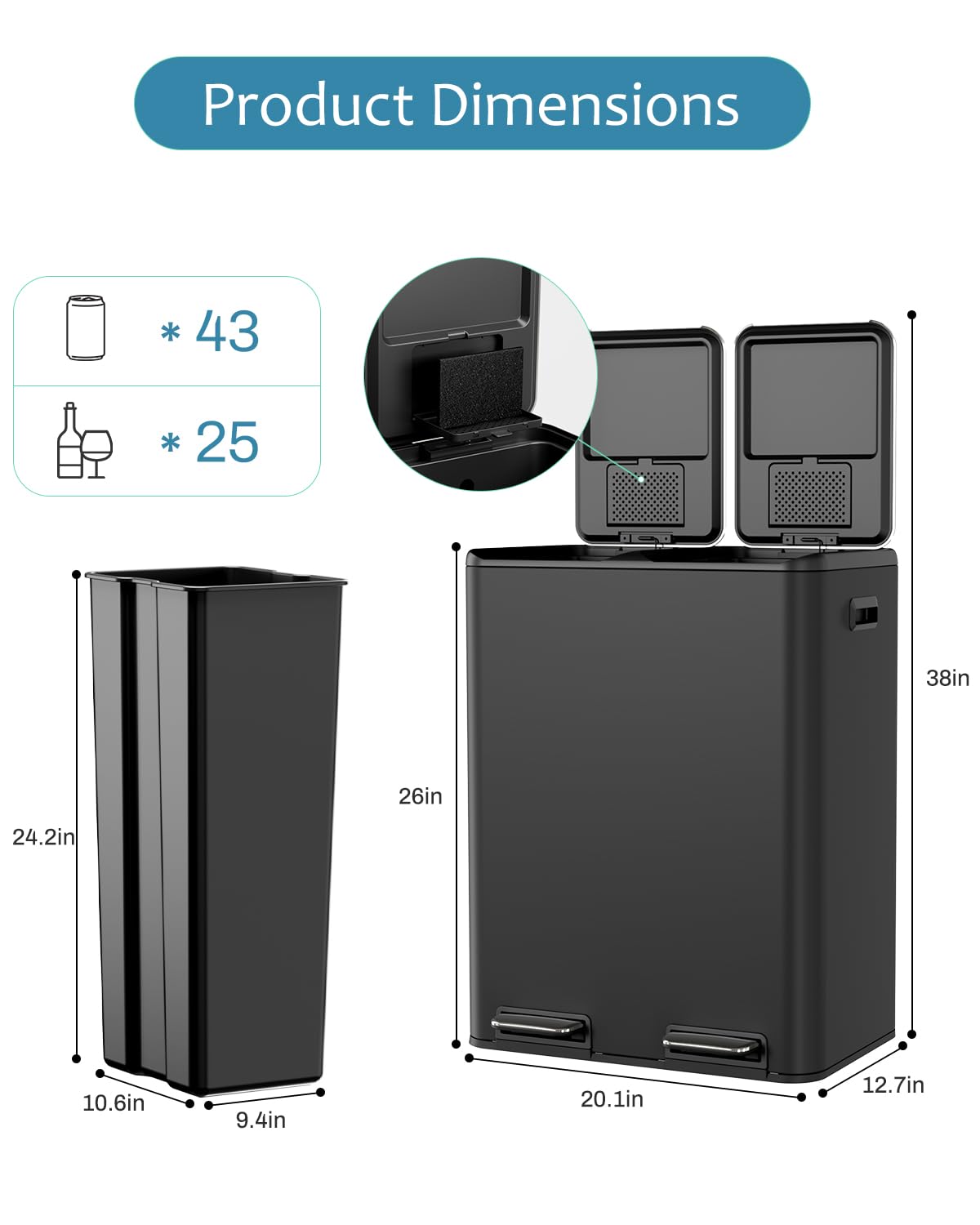 16 Gal (2 x 30 L) Dual Trash Can, Stainless Steel Kitchen Garbage Bin, Recycle Dustbin with Odor Control Box, Soft-Close Lid, Inner Buckets, Side Handle, Step Pedal, for Home Office