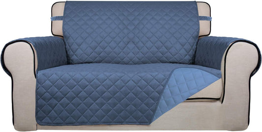 PureFit Reversible Quilted Sofa Cover, Water Resistant Slipcover Furniture Protector, Washable Couch Cover with Non Slip and Elastic Straps for Kids, Dogs, Pets (Loveseat, Dark Blue/Light Blue)