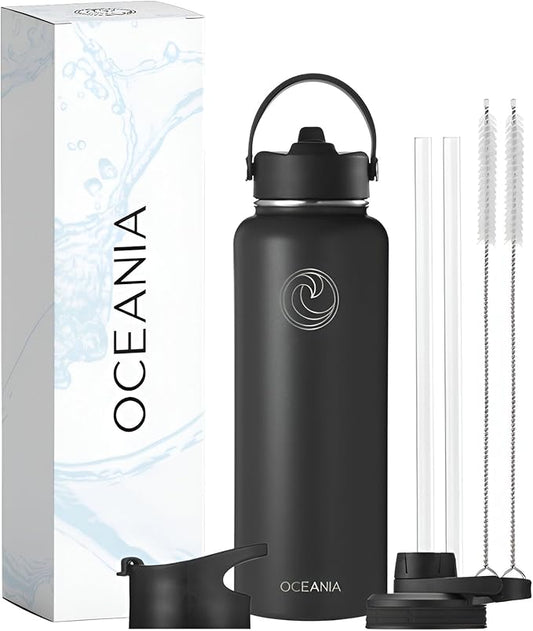 Oceania Flask 40oz Stainless Steel Water Bottles | Modern, Leakproof, Hydro BPA-Free, Insulated Water Bottle with 3 Lids, 3 Straws & 2 Straw Cleaning Brushes | Simple Camping & Hiking Water Bottles