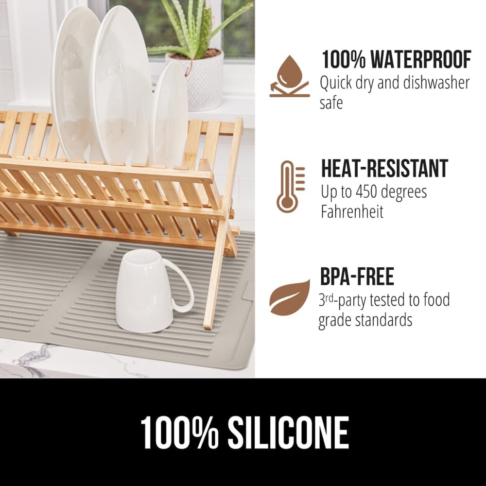 GORILLA GRIP 100% BPA-Free Patented Silicone Dish Drying Mat for Kitchen Counter, Water Catching Ribbed Design, Easy Clean Waterproof Sink Liner, Heat Resistant, Fits Under Rack, 13x11 Inch, Almond