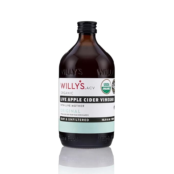 Willy's Organic ACV Apple Cider Vinegar with Mother - Probiotocs for Detox and Gut Health. 16.9oz Glass Bottle
