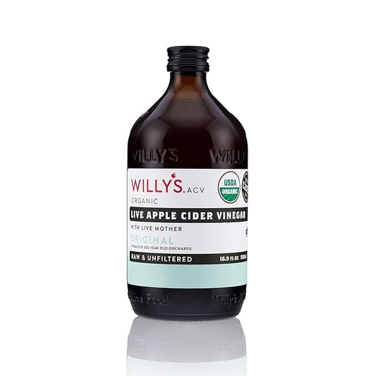 Willy's Organic ACV Apple Cider Vinegar with Mother - Probiotocs for Detox and Gut Health. 16.9oz Glass Bottle