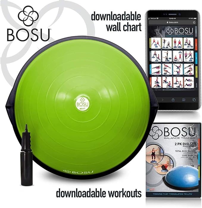 Bosu Balance Ball Exercise Trainer, Home Gym Equipment w/ Guided Workouts & Pump, 26", Blue - Inflatable Fitness Platform for Strength Training, Standing, Balancing, and Core Workout