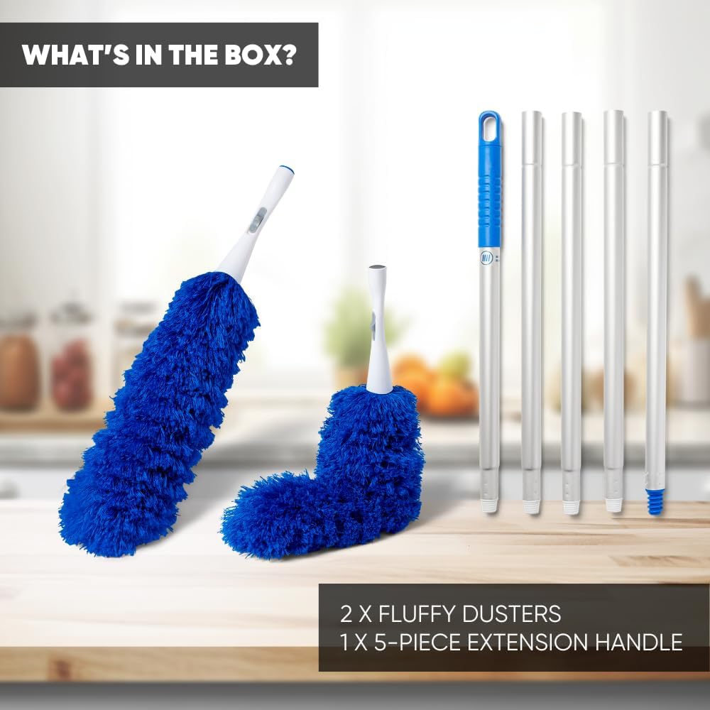 2 Pack of Microfiber Flexible Dusters with Heavy Duty Extension Pole | 8' Reach | Clean Ceiling Fans, Cobwebs, Light Fixtures, Delicate Objects