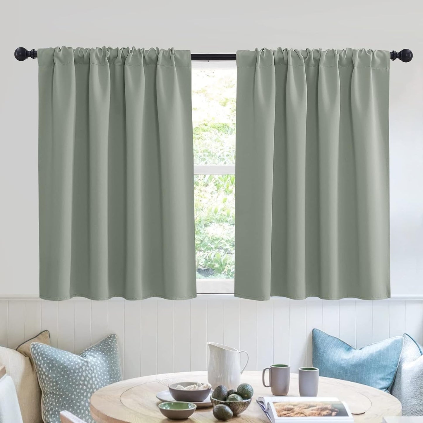 RYB HOME Short Curtains 36 inch 2 Panels Set, Room Darkening Small Window Drapes Thermal Insulated Cafe Curtains for Kitchen Dorm Transit Van, W52 x L36 inch, Grayish Green