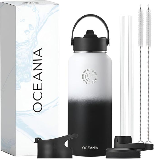 Oceania Flask 32oz Stainless Steel Water Bottles | Modern, Leakproof, Hydro BPA-Free, Insulated Water Bottle with 3 Lids, 3 Straws & 2 Straw Cleaning Brushes | Simple Camping & Hiking Water Bottles