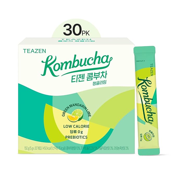 TEAZEN Green Mandarin Lime Kombucha Tea, Hydration Drink Mix, Sugar Free, Live Probiotics & Prebiotics, 30 Sticks, 5.29oz