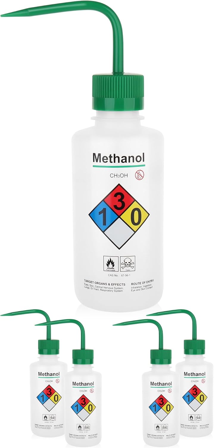 4pcs of Methanol Wash Bottles, Vol.500ml (17oz), Narrow Mouth, Self-Venting Safety Wash Bottles, LDPE Material, IN-WBM500