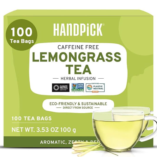HANDPICK, Lemongrass Tea Bags (100 Count) Non-GMO, Caffeine Free - Quality Lemongrass Herbal Tea- Eco-conscious Round Tea Bags | Brew Hot or Iced Tea