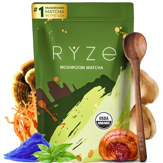 RYZE SUPERFOODS Mushroom Matcha, USDA Organic with 6 Adaptogenic Mushrooms and Ceremonial-Grade Matcha for Energy, Focus, Digestion, Immunity with Turkey Tail, Shiitake, Lion's Mane, 30 servings
