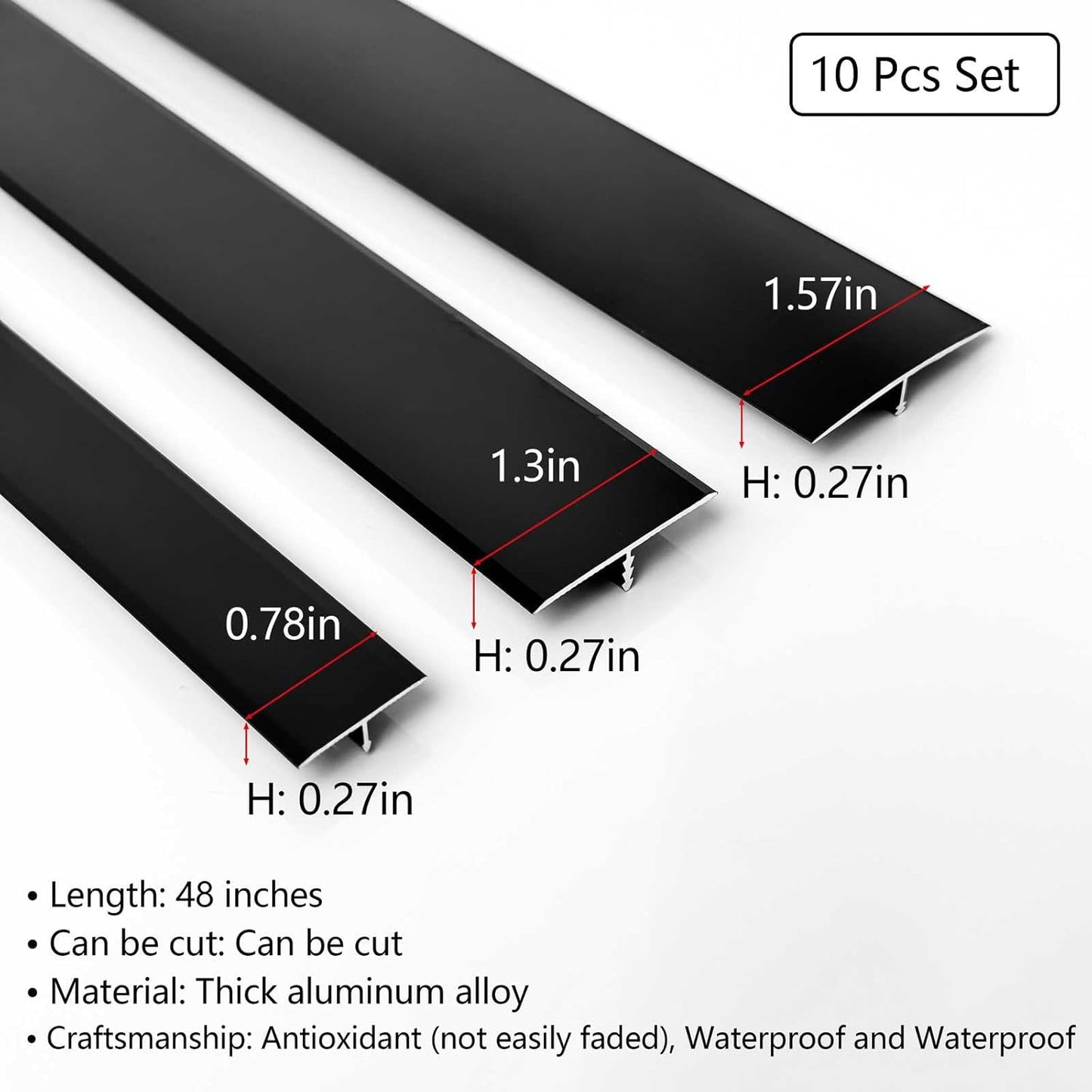 10Pcs Aluminum T Molding Floor Transition Strip, 48In Aluminum T Molding Trim, Floor Strip Floor Flat Divider Strip for Joining Floor Gaps, Threshold, Floor Tiles (Black, 4ft x 1.57in 10Pcs)