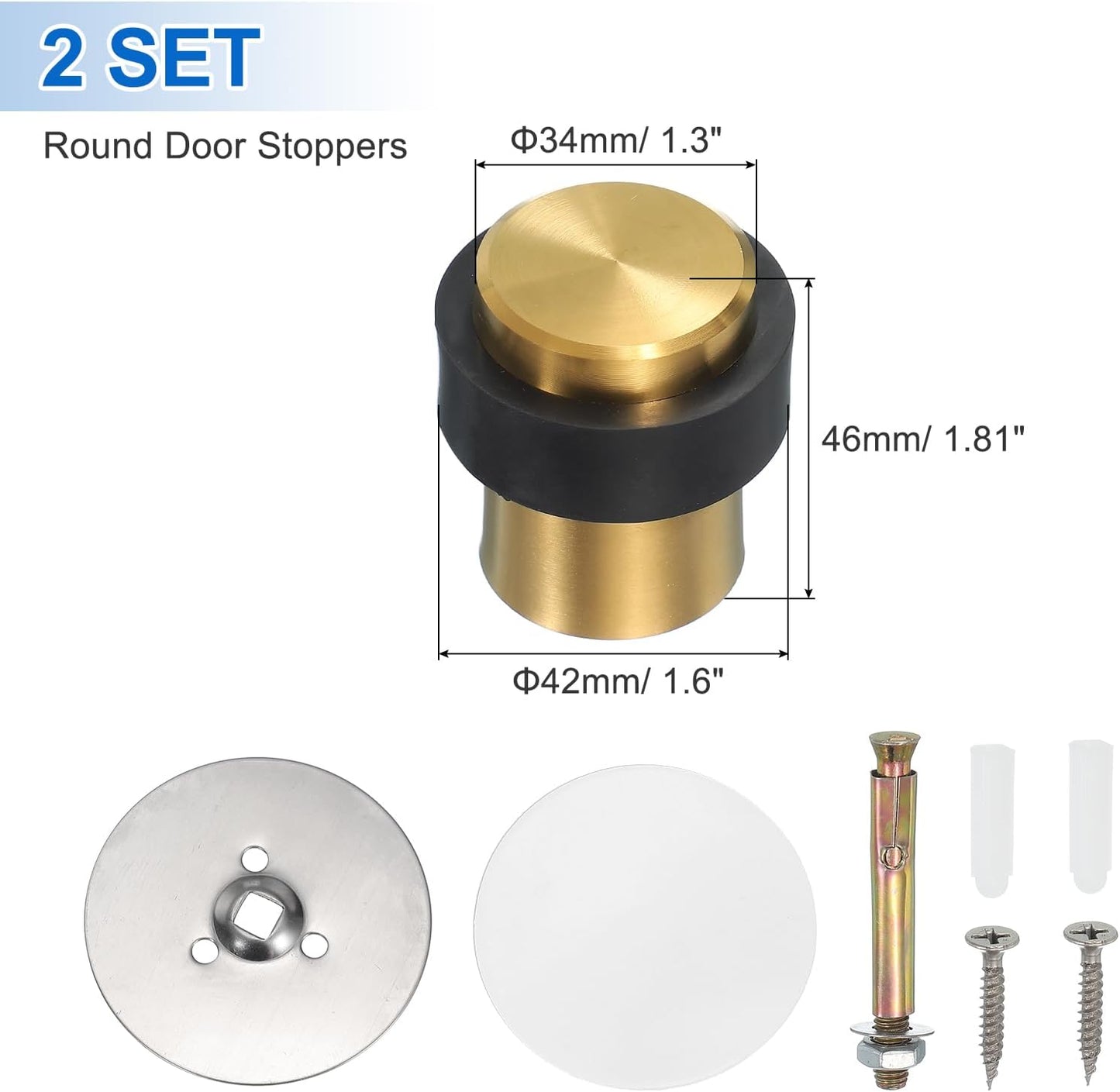 PATIKIL 2Set Round Door Stoppers, 46mm Stainless Steel Door Stop Doorstop Wedge Metal Cylinder Self Adhesive with Screw for Bottom of Door Floor Inside, Gold Tone