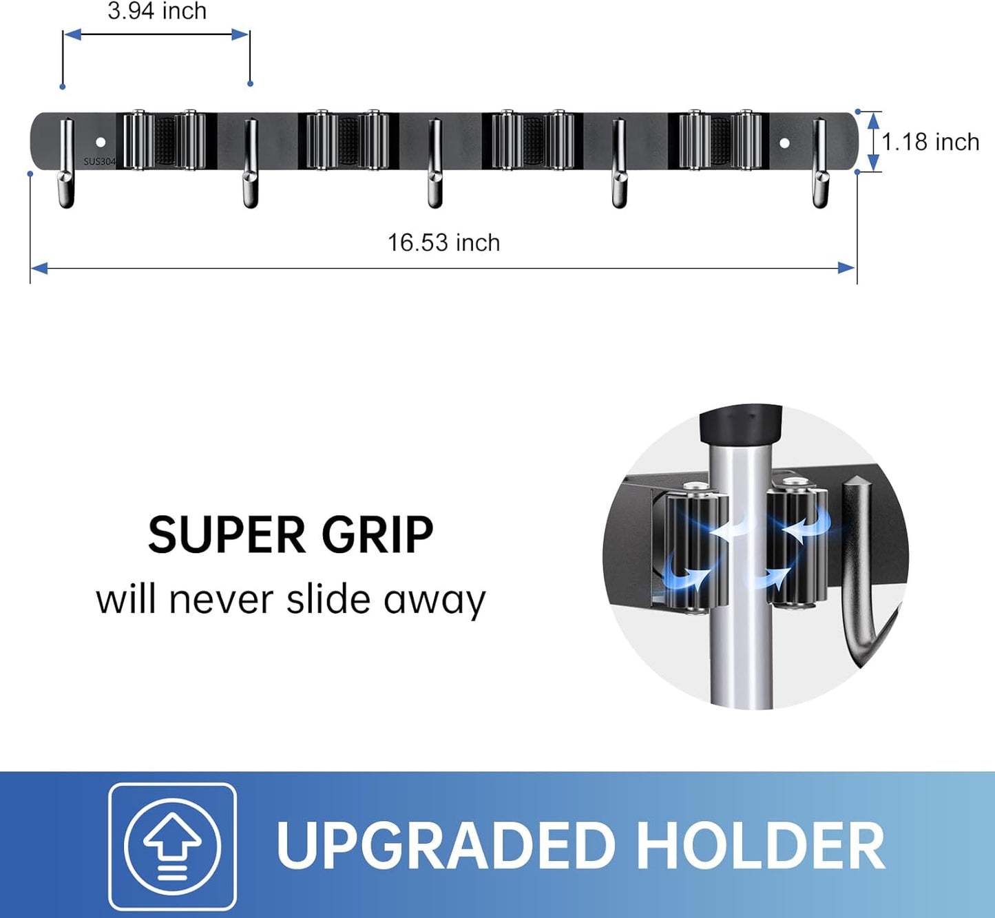 ZONGOOL 4 Racks and 5 Hooks Broom Holder Wall Mount Mop Hanger Wall Mount Metal Organization Tool Organizer Wall Hanging for Home Kitchen Garden Laundry Garage (Black)