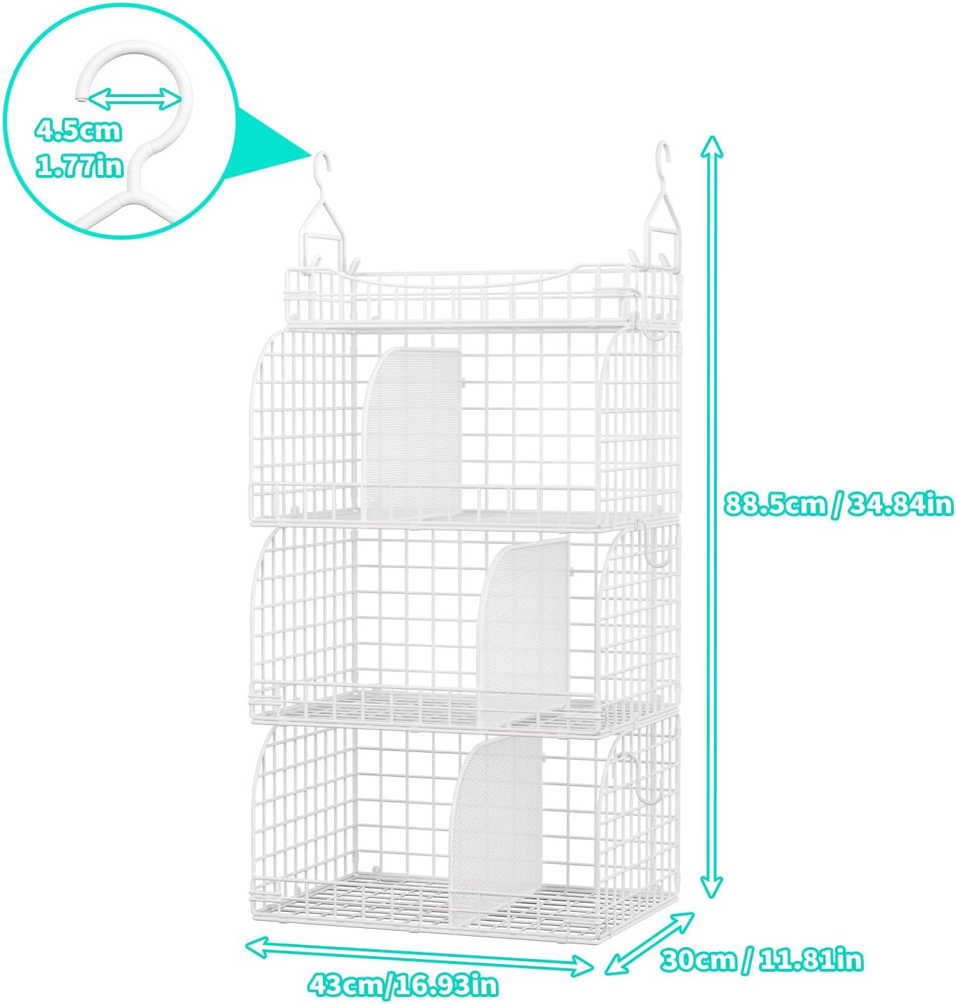 HapiRm Hanging Closet Organizer Storage - 3 Tier Metal Stackable Hanging Closet Shelves with Dividers and S Hooks, Foldable Clothes Shelves for Clothes, Pants, Shoes, Coat, Hats Clutches Accessories