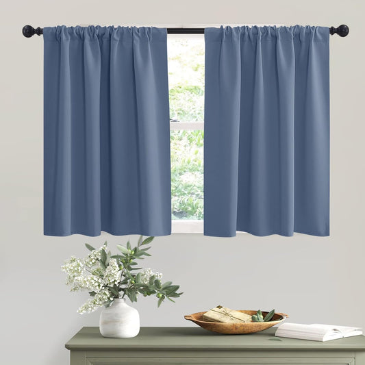 RYB HOME Short Blackout Curtains 36 inches, Solid Heavy Duty Small Window Treatment Room Darkening Privacy Draperies for Basement Bathroom Bedroom, Stone Blue, W42 x L36 inch, 2 Panels