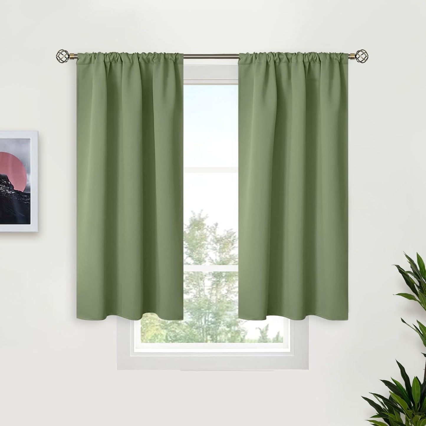 BGment Olive Green Short Curtains 40 Inches Long for Kitchen Cafe Window - Small Half Window Drapes with Rod Pocket Darkening Privacy for Bedroom Bathroom, 34 x 40 Inch, 2 Panels