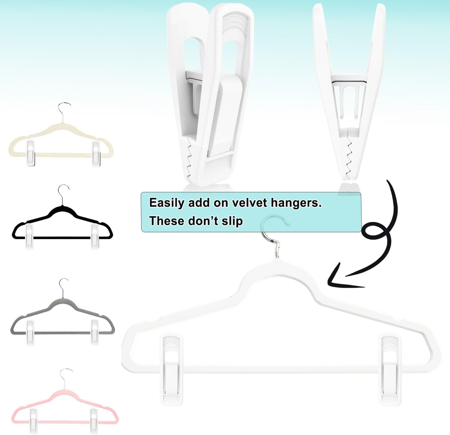 Hanger Clips for Velvet Hangers (White, 40 PCS), Non-Slip Plastic Clips Pant Skirt Hanger Clips for Flocking Hangers