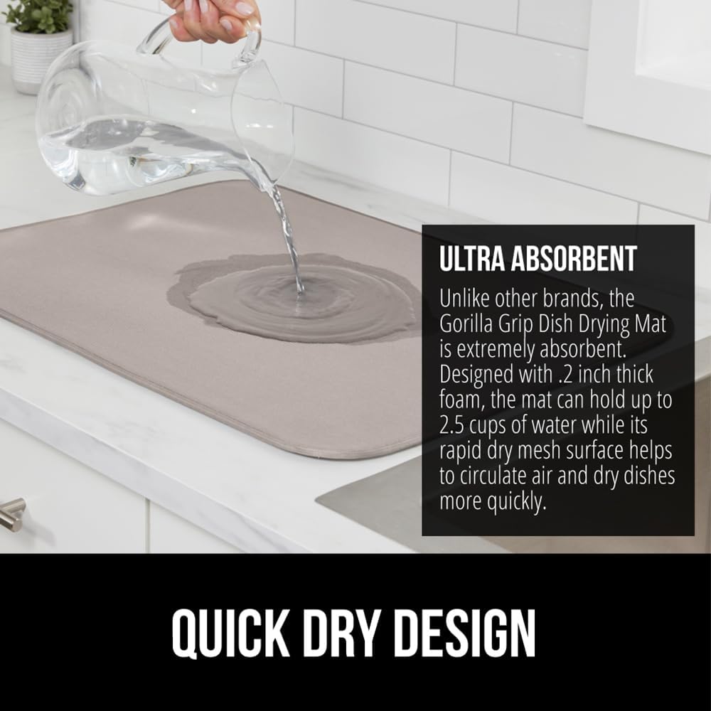 GORILLA GRIP Ultra Water Absorbent Microfiber Dish Drying Mat, 18x24, Quick Dry Thick Mesh, Slip Resistant Pad for Sink Dishes or Under Rack, Kitchen Counter Accessories, Machine Wash, 2 Pack Almond