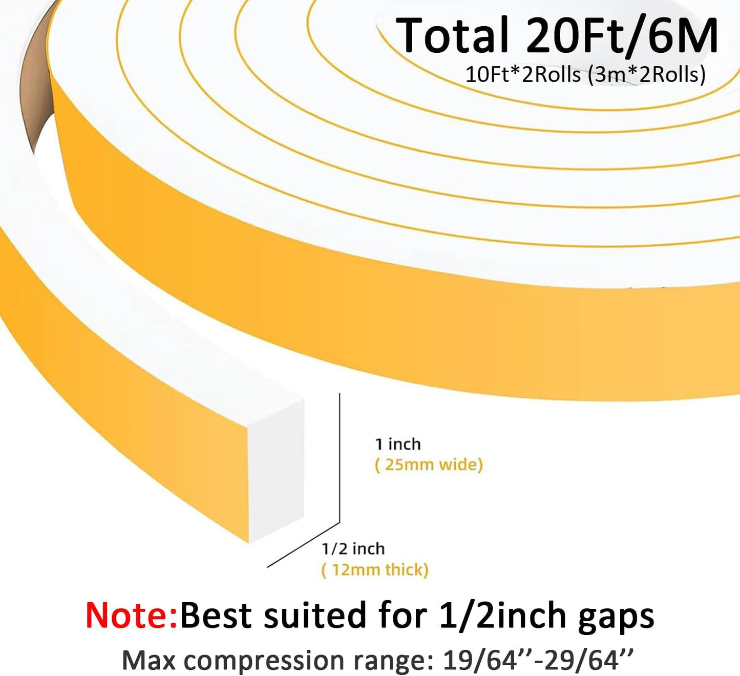 High Density Foam Weather Stripping Door Seal Strip Insulation Tape Roll for Insulating Door Frame, Window, Air Conditioner Self Adhesive Sealing Weatherstrip Dustproof (1 in x 1/2 in x 20 Ft)