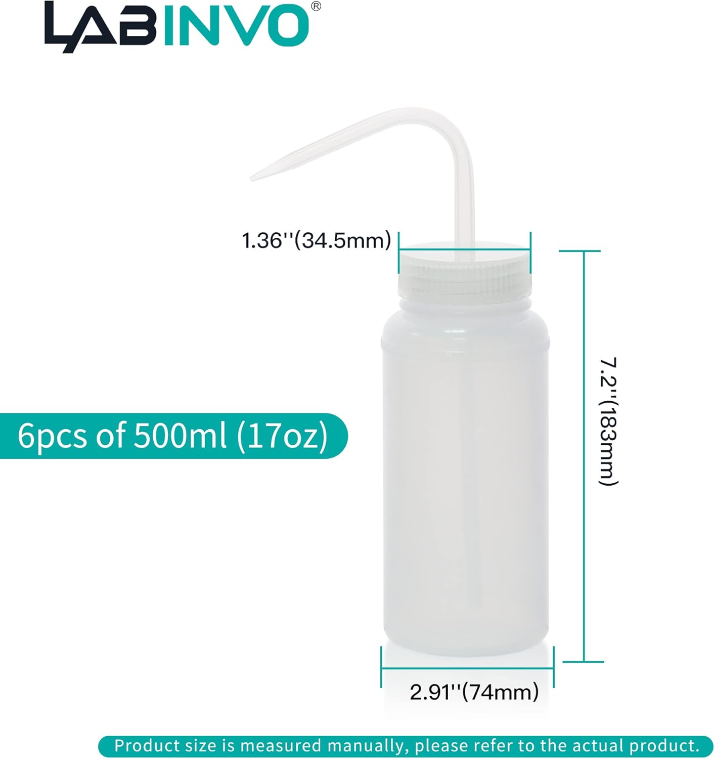 6pcs of Economy Wash Bottles, Vol.500ml (17oz), Wide-Mouth, Self-Venting Safety Wash Bottles, LDPE Material, IN-WBW500